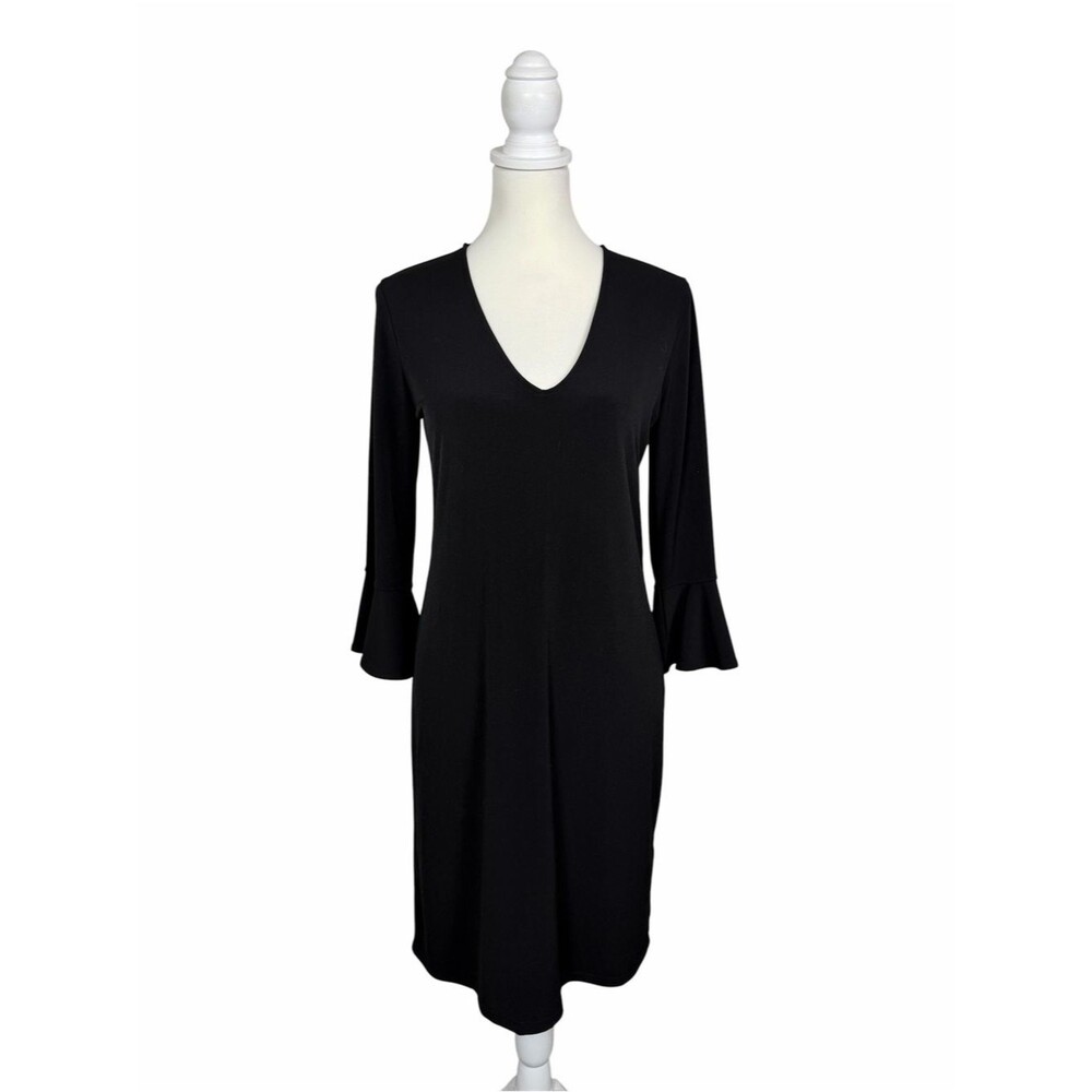 Banana Republic Black V Neck Dress Bell Sleeve Shift Dress Classic Minimalist